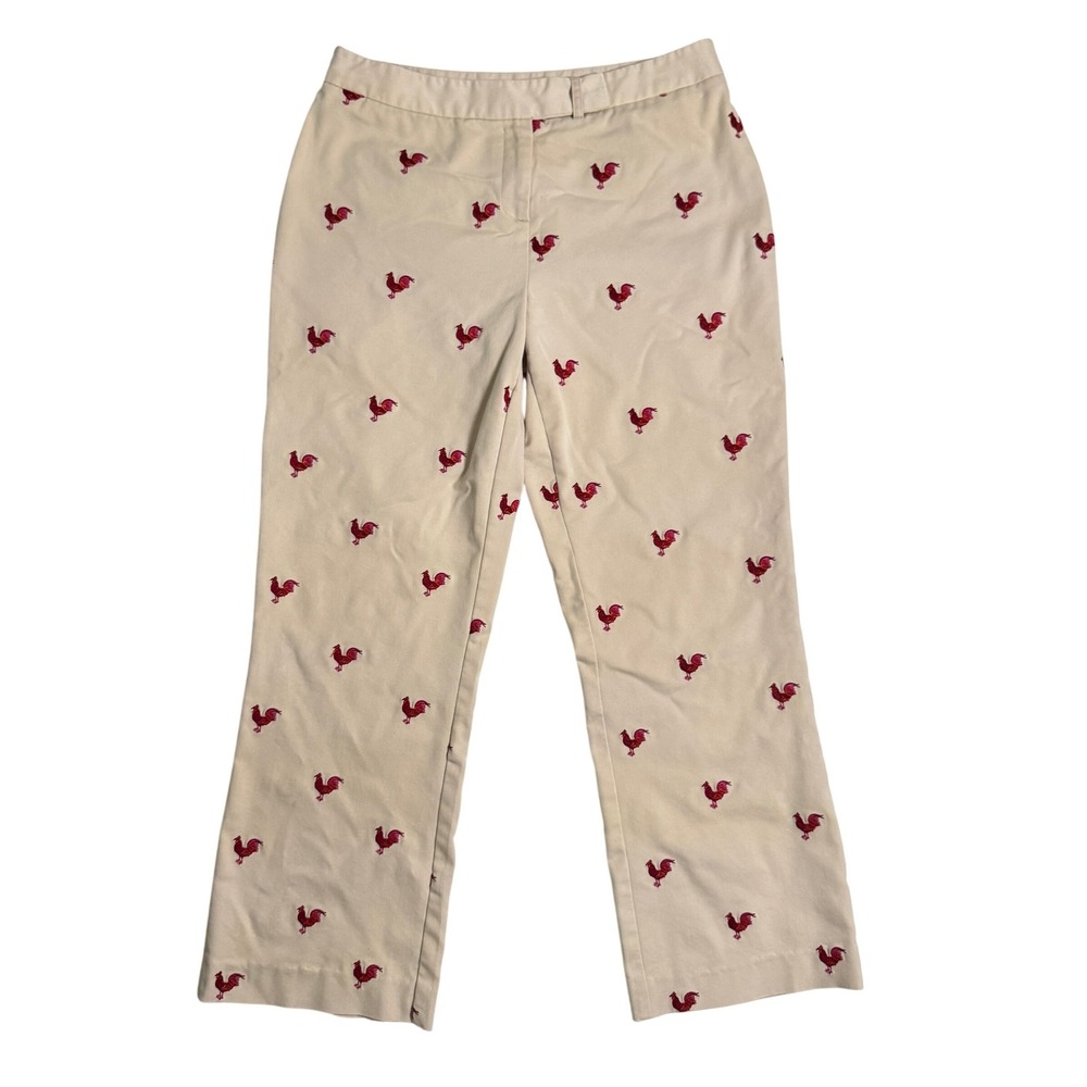Lilly Pulitzer Khaki Embroidered Chicken Rooster Casual 10 Straight Leg Pants